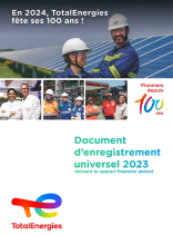 2024年，TotalEnergies庆祝成立100周年！100年的先驱。2023年通用注册文件，包括年度财务报告。总能量